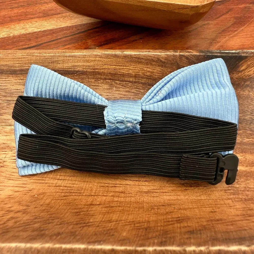 New Handmade Bow Tie Light Blue Silver Adjustable Stretch Elastic Gift Formal